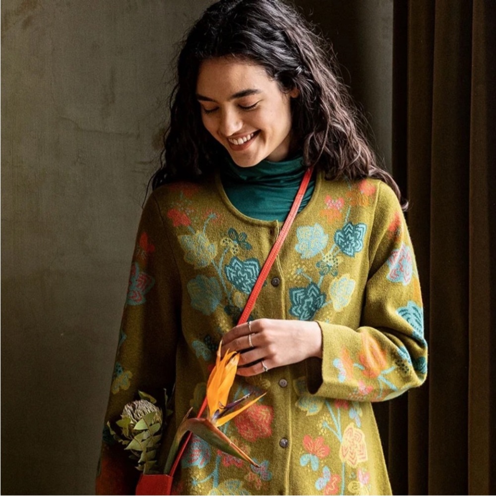 Gudrun Sjoden Green Floral Cardigan Sz L